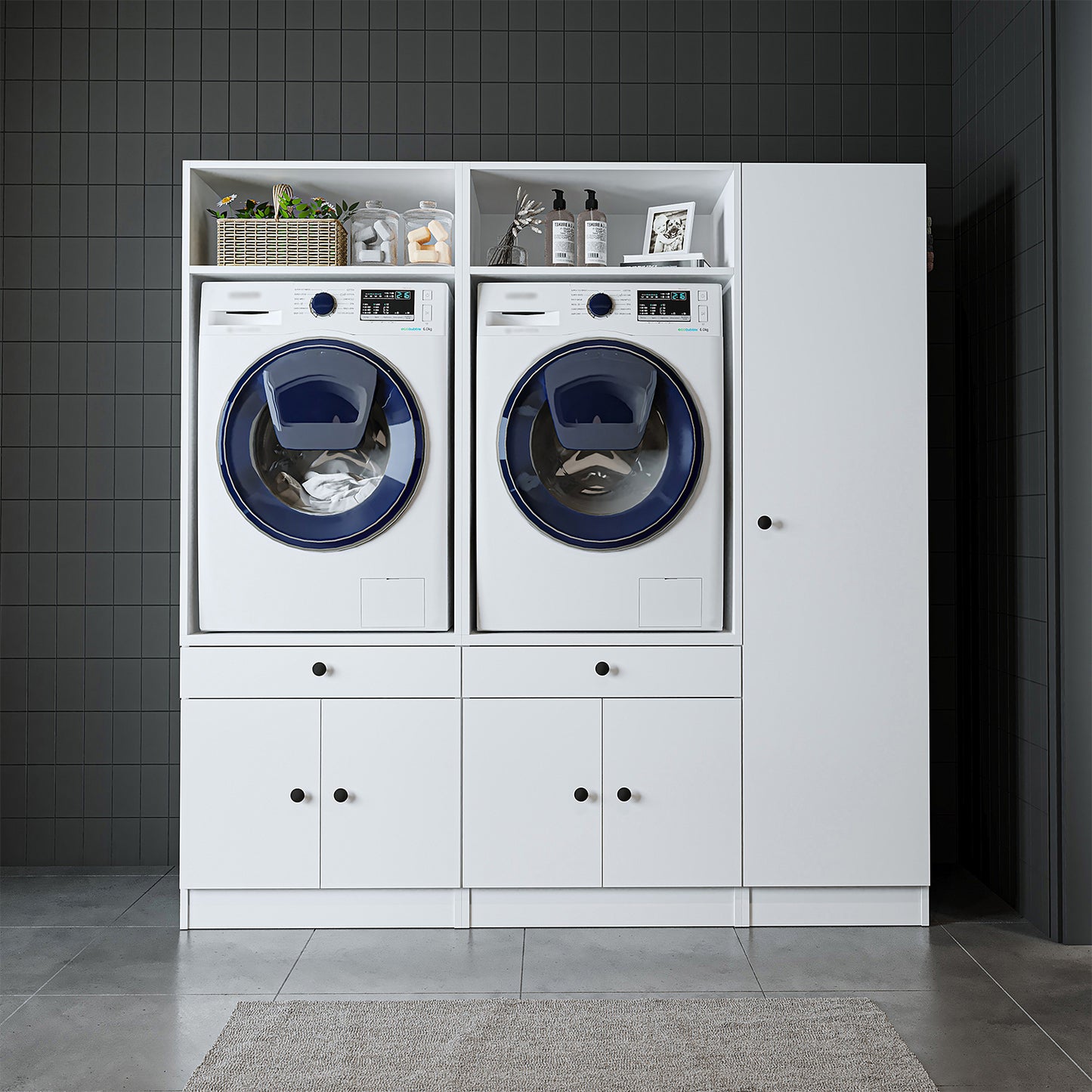 Roomart Waschmaschinenschrank Doppelschrank SERIE 3 – 179 cm breit, 2× Waschmaschine nebeneinander mit Ausziehbrett & Hochschrank – Waschküche & Hauswirtschaftsraum – Eiche / Schwarz-Eiche / Weiß