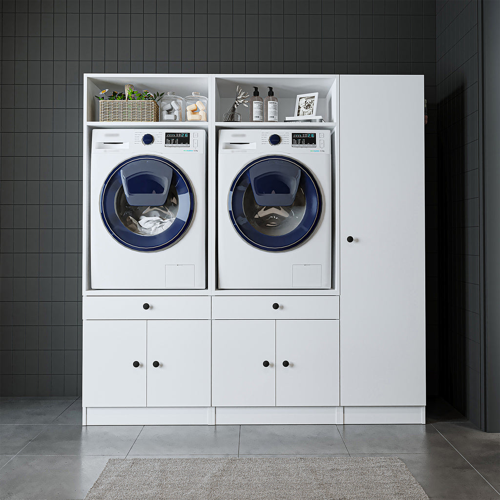 Roomart Waschmaschinenschrank Doppelschrank SERIE 3 – 179 cm breit, 2× Waschmaschine nebeneinander mit Ausziehbrett & Hochschrank – Waschküche & Hauswirtschaftsraum – Eiche / Schwarz-Eiche / Weiß
