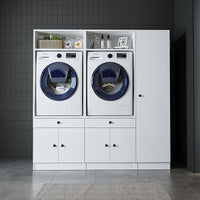 Roomart Waschmaschinenschrank Doppelschrank SERIE 3 – 179 cm breit, 2× Waschmaschine nebeneinander mit Ausziehbrett & Hochschrank – Waschküche & Hauswirtschaftsraum – Eiche / Schwarz-Eiche / Weiß