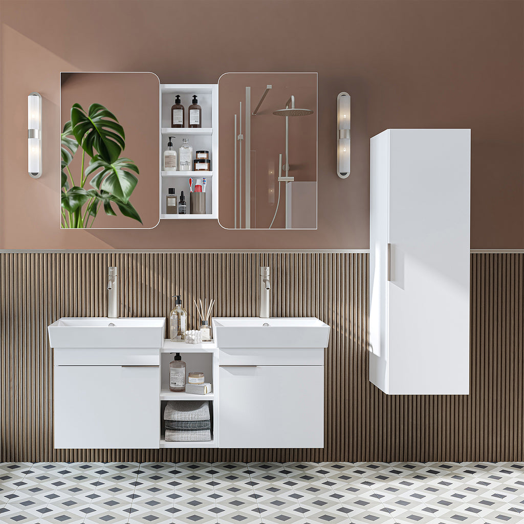 Roomart Badmöbel Set LYCIA 120 cm – 4-teiliges Badezimmermöbel-Set mit Keramik-Waschbecken, Spiegelschrank & Seitenschrank – Badmöbel in 4 Farben