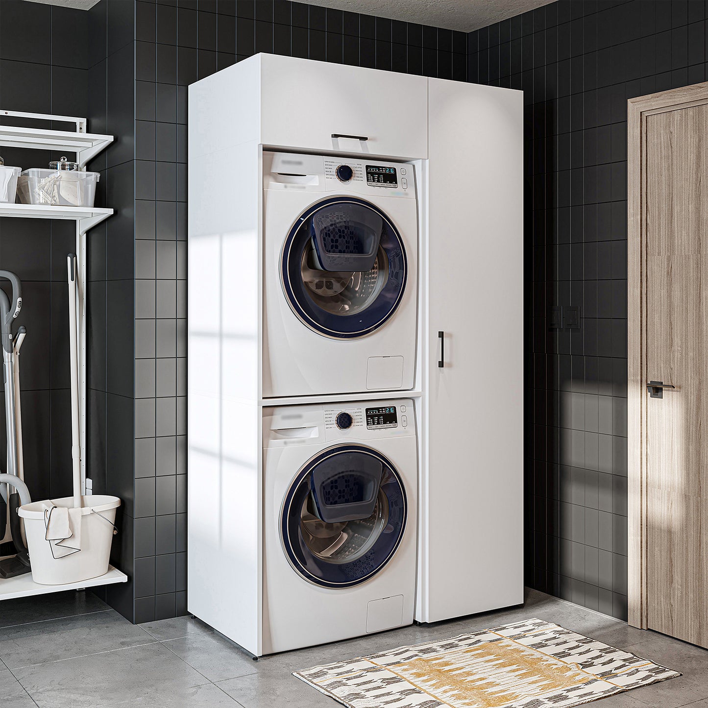 Roomart DUO-I Waschmaschinenschrank 112 cm – für Waschmaschine & Trockner + Hochschrank | in 2 Farben