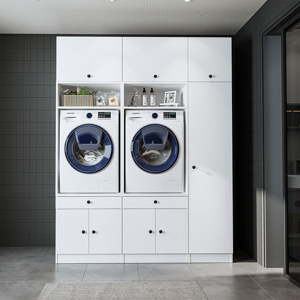 Roomart Schrankwand für Waschküche & Hauswirtschaftsraum – SERIE 1 – 179 cm breit – mit Ausziehbrett – Waschmaschinenschrank & Stauraumlösung – Weiß / Schwarz-Eiche