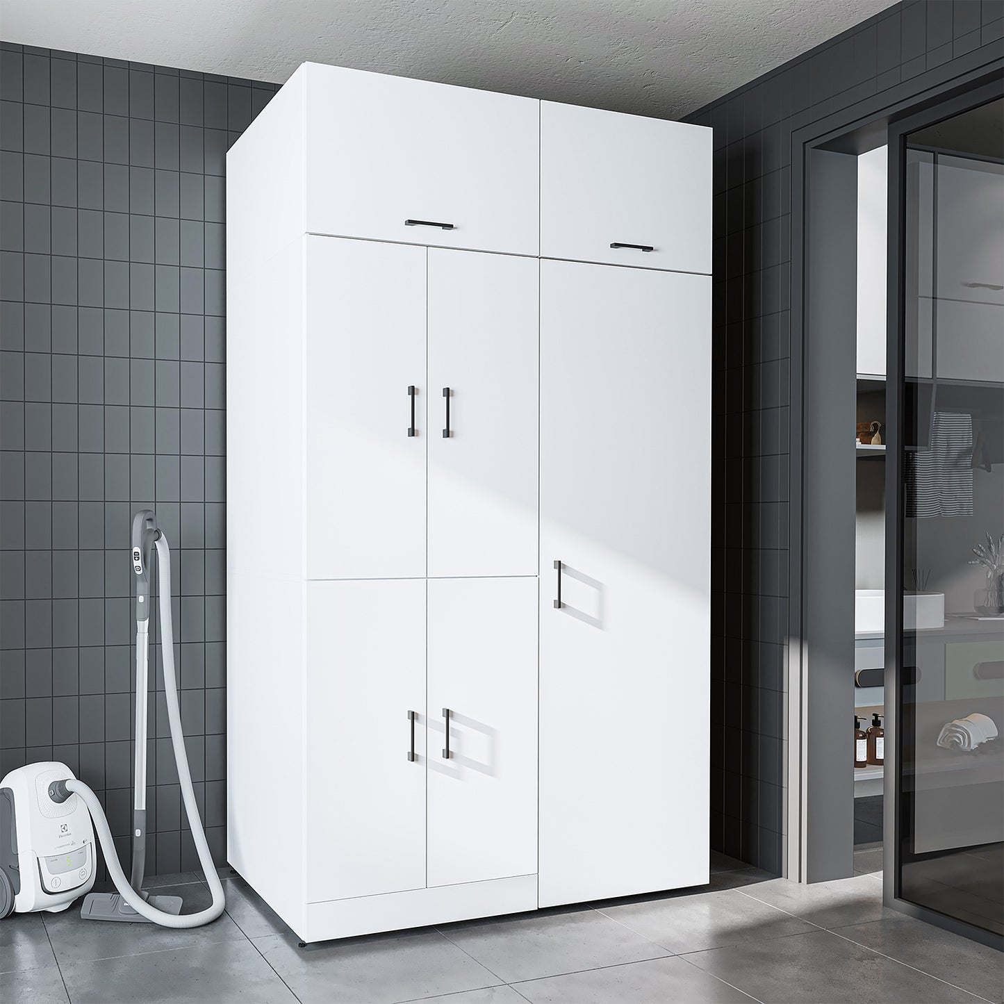 Roomart Waschmaschinenschrank „DORA 130 cm Breit“ für Waschmaschine & Trockner mit Regalböden, in 5 Farben • Weiß • Weiß Eiche • Anthrazit Eiche • Eiche • Schwarz Eiche (Kopie)