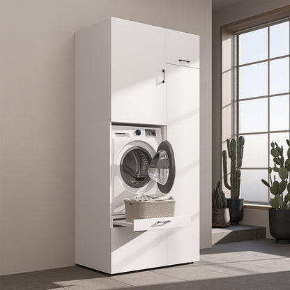 Roomart Waschmaschinenschrank mit Ausziehbrett, 112 cm breit - SERIE 2  – Waschmaschinenüberbau für Waschmaschine & Trockner, Waschturm-Schrank mit Stauraum für Bad & Waschküche