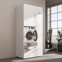 Roomart Waschmaschinenschrank mit Ausziehbrett, 112 cm breit - SERIE 2  – Waschmaschinenüberbau für Waschmaschine & Trockner, Waschturm-Schrank mit Stauraum für Bad & Waschküche