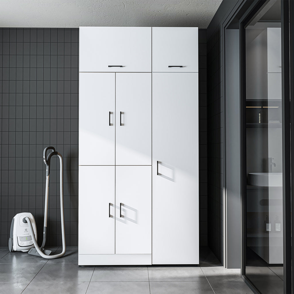 Roomart Waschmaschinenschrank „DORA 115 cm Breit“ für Waschmaschine & Trockner mit Regalböden, in 5 Farben • Weiß • Weiß Eiche • Anthrazit Eiche • Eiche • Schwarz Eiche