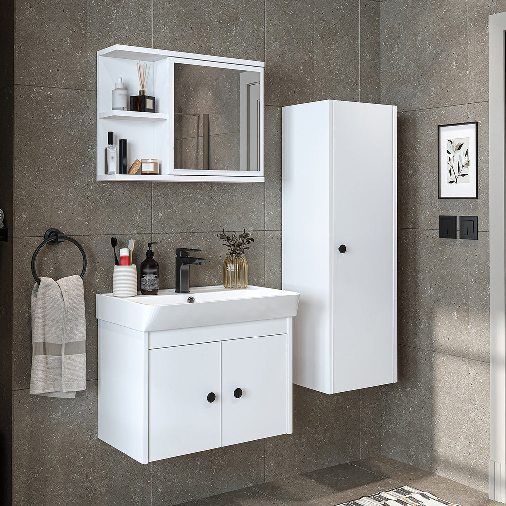 Roomart Badmöbelset ADA – 3-teiliges Badezimmermöbel Set mit Waschbecken, Unterschrank, Spiegelschrank & Seitenschrank – modernes Badmöbel