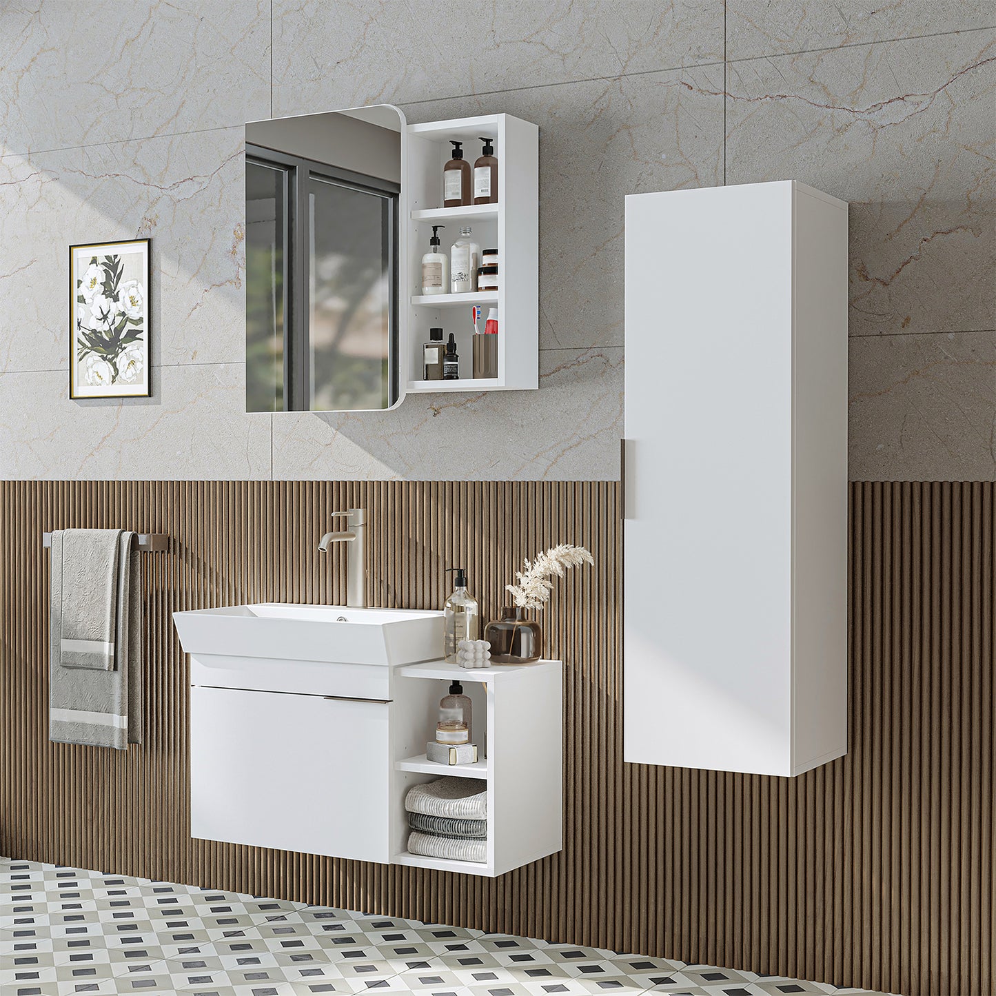 Roomart Badmöbel Set LYCIA 82 cm – 4-teiliges Badezimmermöbel-Set mit Keramik-Waschbecken, Spiegelschrank & Seitenschrank – Badmöbel in 4 Farben