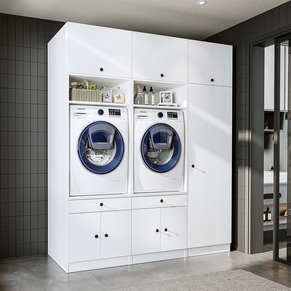 Roomart Schrankwand für Waschküche & Hauswirtschaftsraum - SERIE 1 - 194 cm breit, mit Ausziehbrett & Stauraum, Waschmaschinen-Schrankkombination, in 3 Farben (Weiß, Schwarz-Eiche)