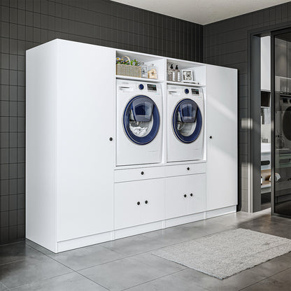 Roomart Waschmaschinenschrank SERIE 3 – 194 cm breit, 2× Waschmaschine nebeneinander mit Ausziehbrett & Hochschrank – Waschküche & Hauswirtschaftsraum – Eiche / Schwarz-Eiche / Weiß