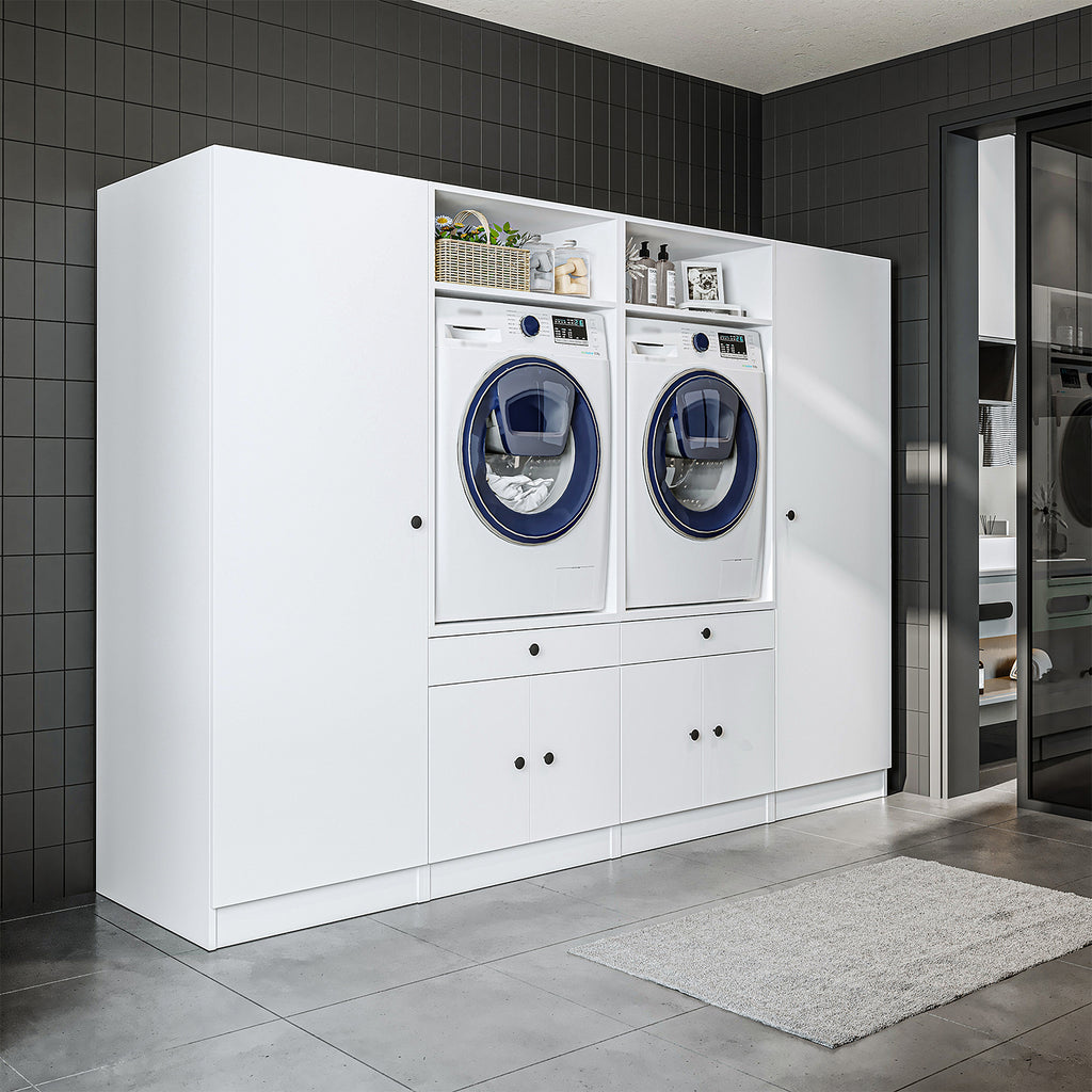 Roomart Waschmaschinenschrank SERIE 3 – 194 cm breit, 2× Waschmaschine nebeneinander mit Ausziehbrett & Hochschrank – Waschküche & Hauswirtschaftsraum – Eiche / Schwarz-Eiche / Weiß