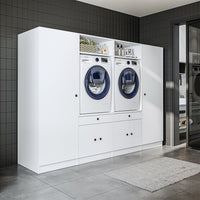 Roomart Waschmaschinenschrank SERIE 3 – 194 cm breit, 2× Waschmaschine nebeneinander mit Ausziehbrett & Hochschrank – Waschküche & Hauswirtschaftsraum – Eiche / Schwarz-Eiche / Weiß