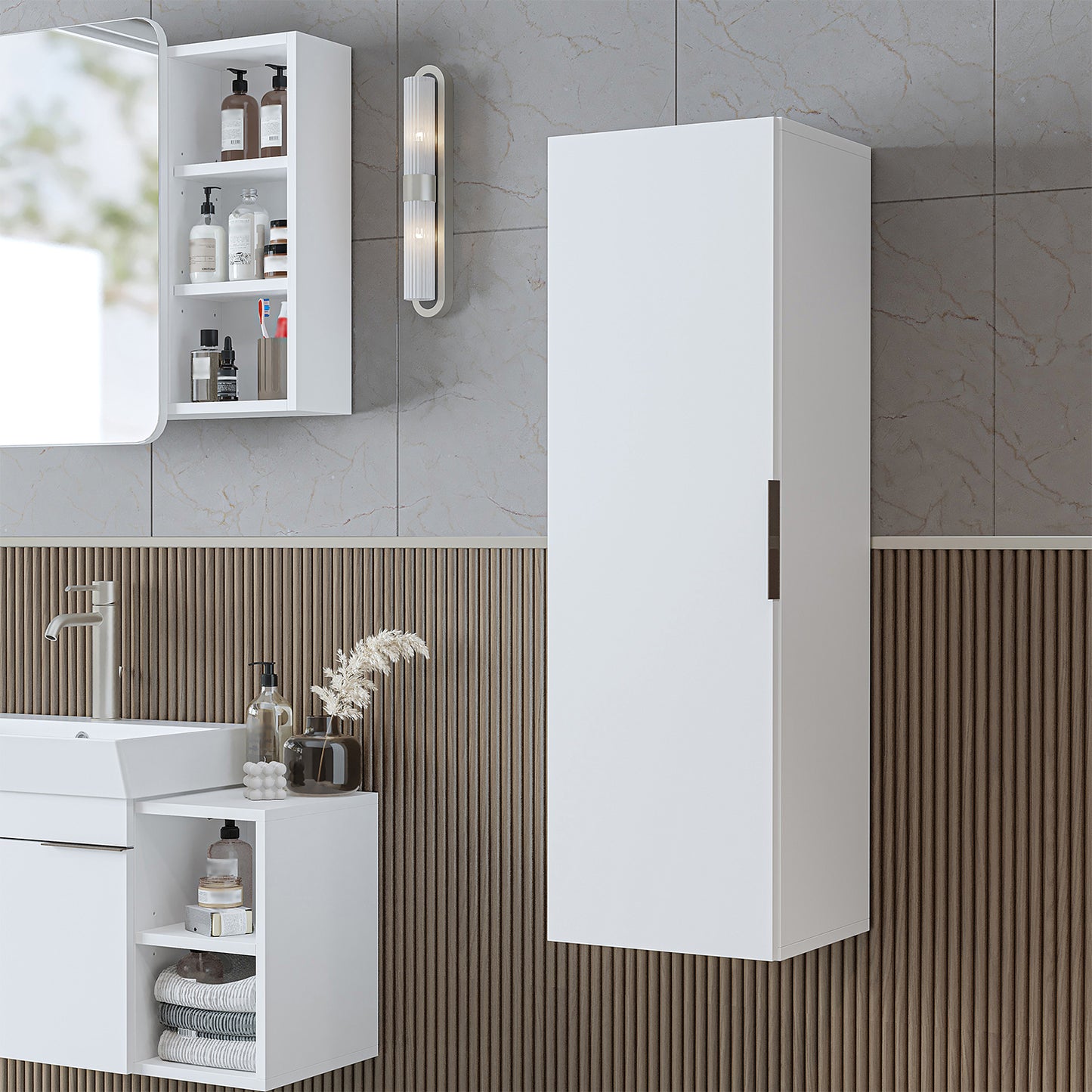 Roomart Badmöbel Set LYCIA 60 cm – 4-teiliges Badezimmermöbel-Set mit Keramik-Waschbecken, Spiegelschrank & Seitenschrank – Badmöbel in 4 Farben