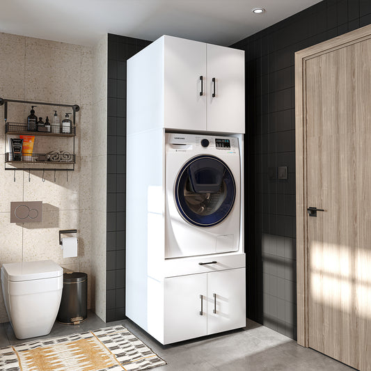 Roomart Waschmaschinenschrank mit Schrankaufsatz 62cm • HBT: 205x67x66,8 cm • mit Ausziehbrett • Weiß • Schwarz eiche-waschmaschinenschrank, waschmaschinenregal, waschturm, schrank, weiß, waschmaschinen, unterschrank, waschmaschine, trockner, haushaltssch