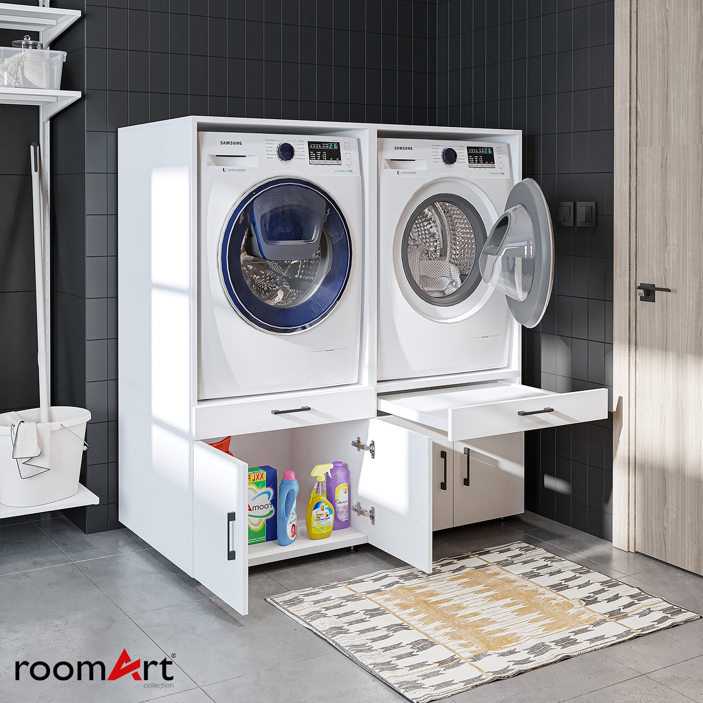 Roomart Waschmaschinenschrank - SERIE 3 –  134 cm breit, Doppelschrank Überbauschrank, mit Ausziehbrett, Waschturm für Waschmaschine & Trockner, in 3 Farben