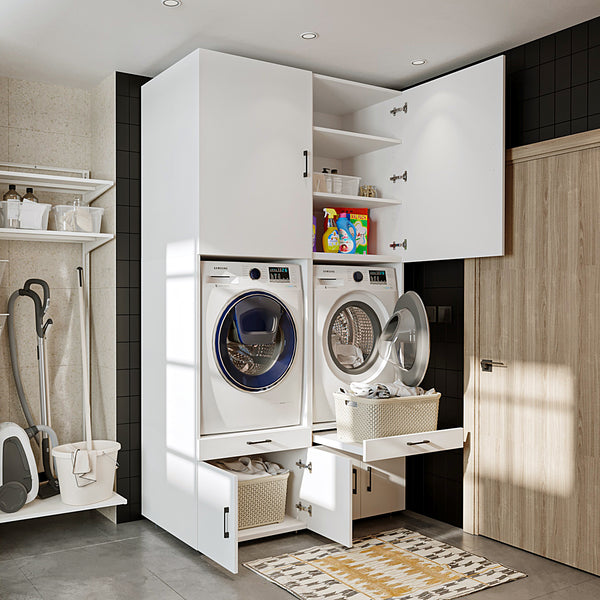 Roomart Waschmaschinenschrank 95 cm mit Schrankaufsätzen & Ausziehbrett - SERIE 3 - BHT: 134×240×66,8 cm – Hauswirtschaftsraum & Waschküche – Weiß | Eiche | Schwarz-Eiche