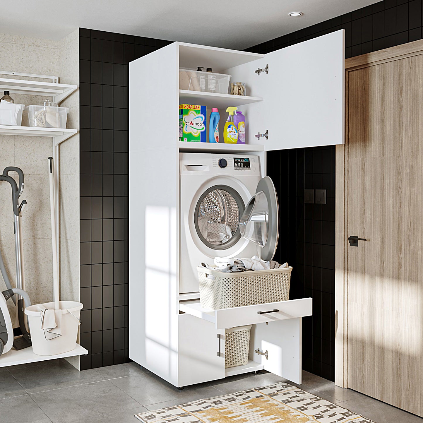 Roomart A3+B1 Waschmaschinenschrank 205 cm – Überbau, Ausziehbrett, Schublade | 3 Farben