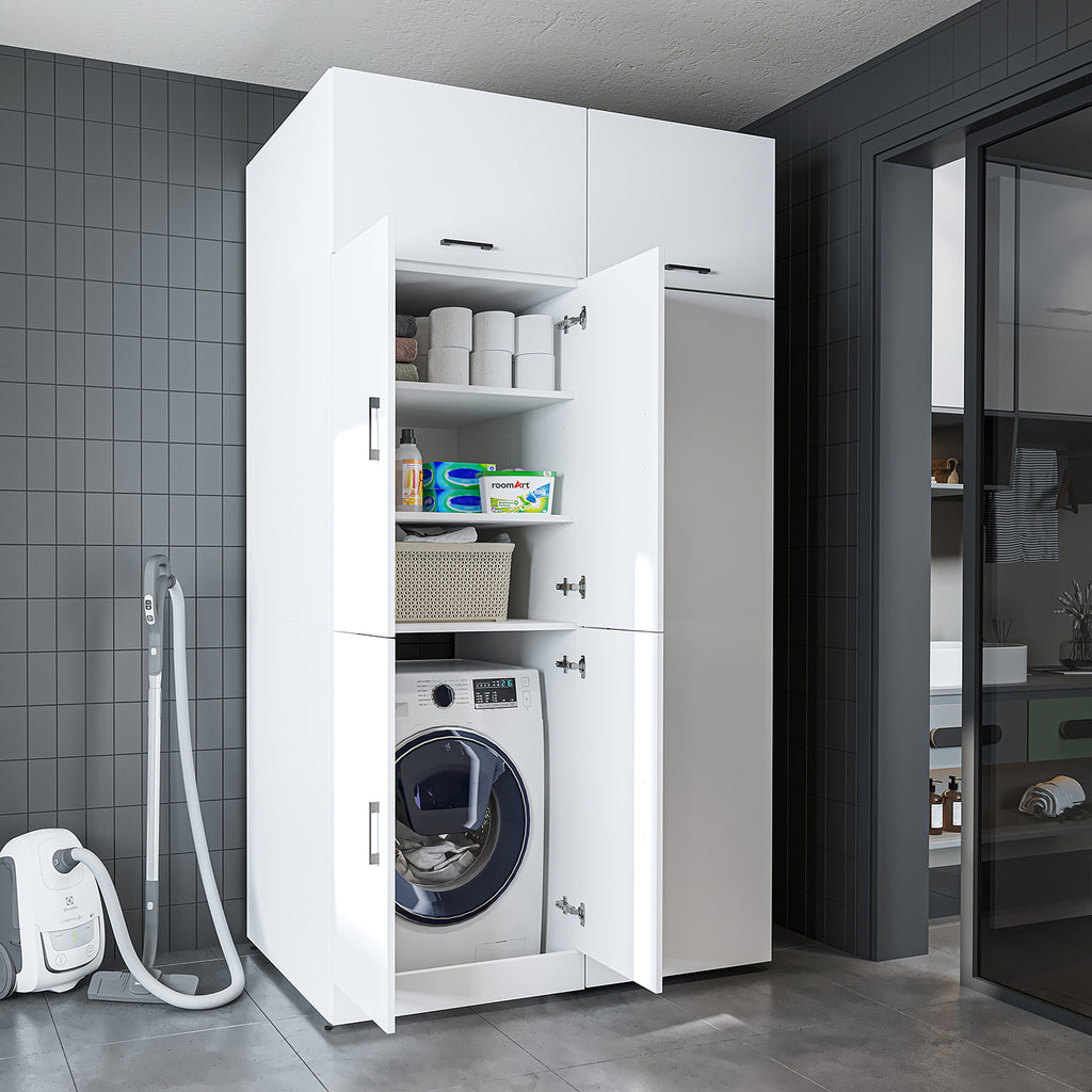 Roomart Waschmaschinenschrank „DORA 130 cm Breit“ für Waschmaschine & Trockner mit Regalböden, in 5 Farben • Weiß • Weiß Eiche • Anthrazit Eiche • Eiche • Schwarz Eiche (Kopie)