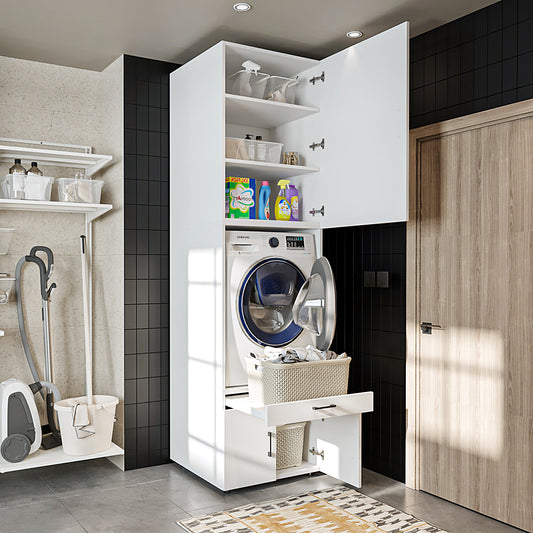 Roomart Waschmaschinenschrank mit Schrankaufsatz 95cm, HBT: 240x67x66,8 cm, Ausziehbrett, Eiche, Weiß, Schwarz eiche - waschmaschinenschrank, waschmaschinenregal, waschturm, schrank, weiß, waschmaschinen, unterschrank, waschmaschine, trockner, haushaltssc
