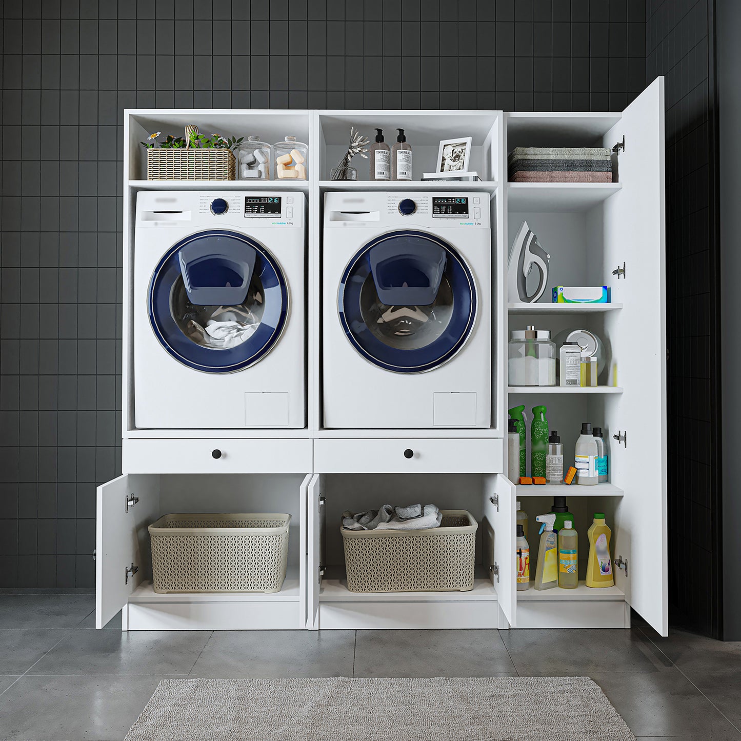Roomart Waschmaschinenschrank Doppelschrank SERIE 3 – 179 cm breit, 2× Waschmaschine nebeneinander mit Ausziehbrett & Hochschrank – Waschküche & Hauswirtschaftsraum – Eiche / Schwarz-Eiche / Weiß