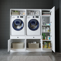 Roomart Waschmaschinenschrank Doppelschrank SERIE 3 – 179 cm breit, 2× Waschmaschine nebeneinander mit Ausziehbrett & Hochschrank – Waschküche & Hauswirtschaftsraum – Eiche / Schwarz-Eiche / Weiß