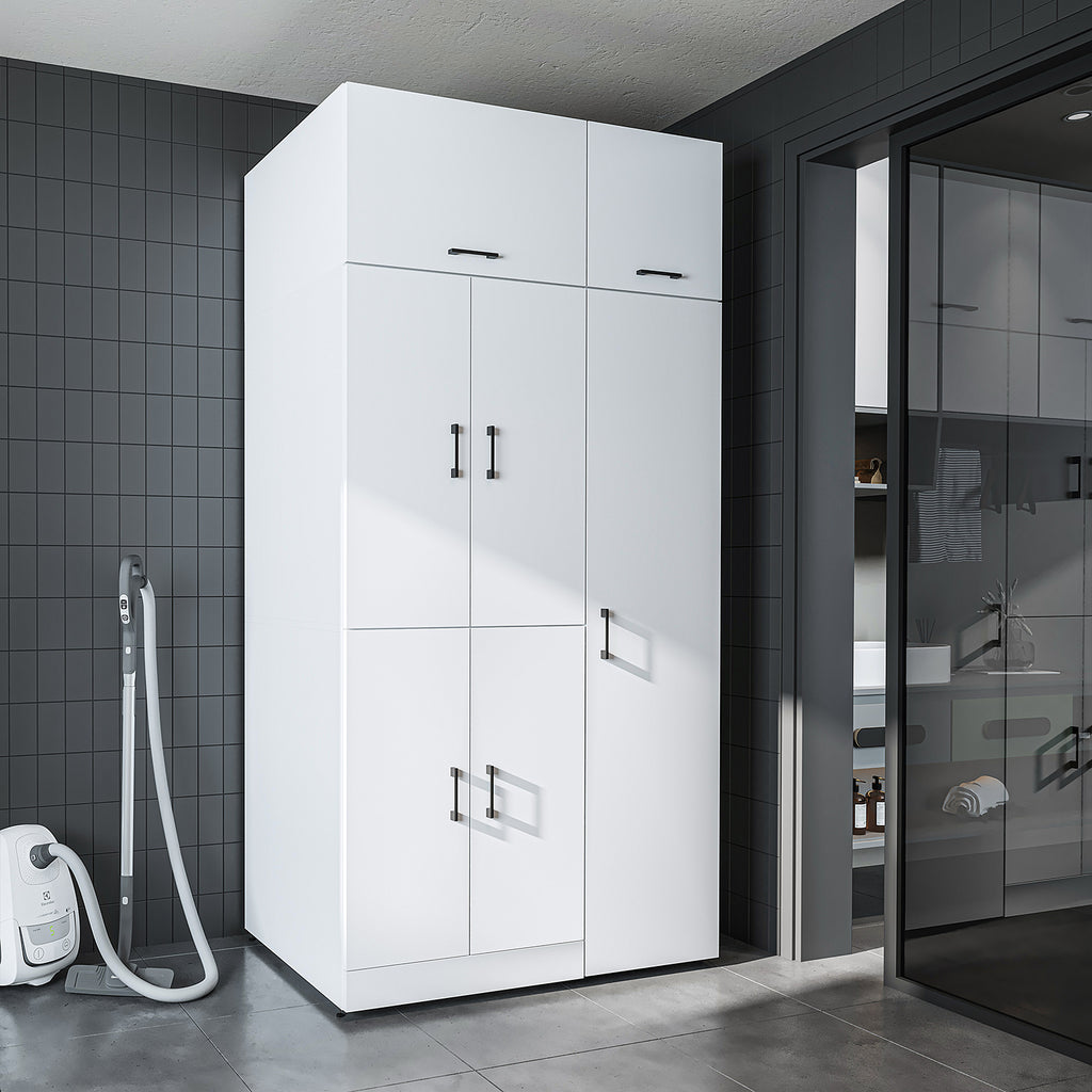 Roomart Waschmaschinenschrank „DORA 115 cm Breit“ für Waschmaschine & Trockner mit Regalböden, in 5 Farben • Weiß • Weiß Eiche • Anthrazit Eiche • Eiche • Schwarz Eiche