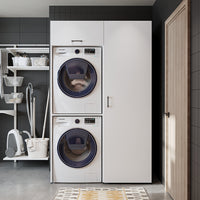 Roomart DUO Waschmaschinenschrank Trockner auf Waschmaschine • 127 cm breit • Weiß, Eiche Waschmaschinenschrank - waschmaschinenschrank, waschmaschinenregal, waschturm, schrank, weiß, waschmaschinen, unterschrank, waschmaschine, trockner, haushaltsschrank
