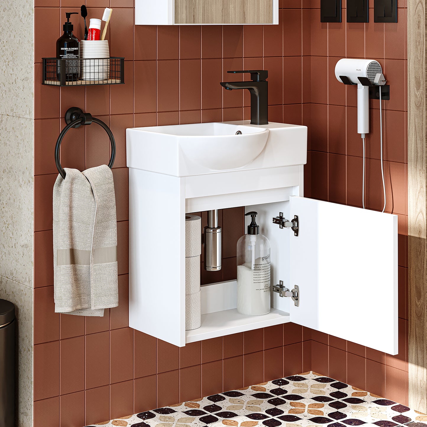 Roomart Waschtischunterschrank LEO mit Keramik-Waschbecken – Gäste-WC Badmöbel – Wasserhahn rechts