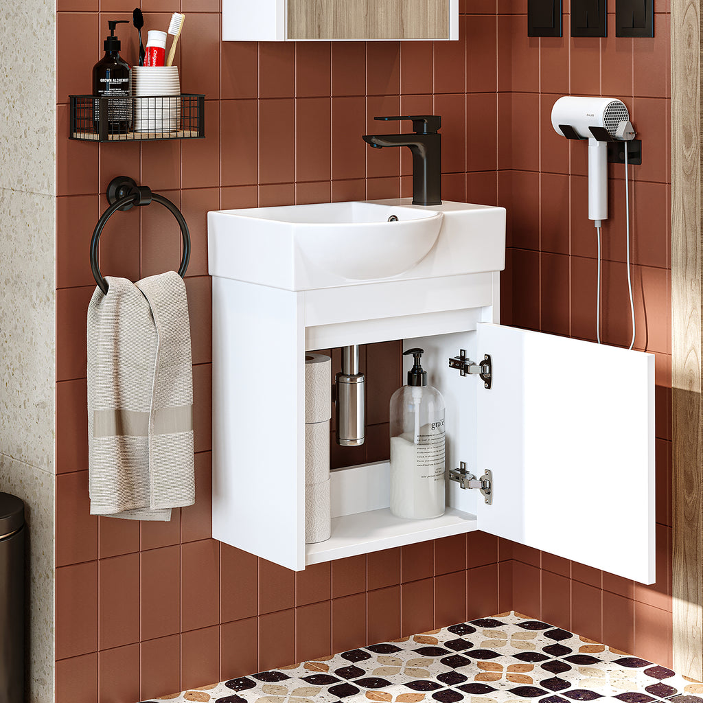 Roomart Waschtischunterschrank LEO mit Keramik-Waschbecken – Gäste-WC Badmöbel – Wasserhahn rechts