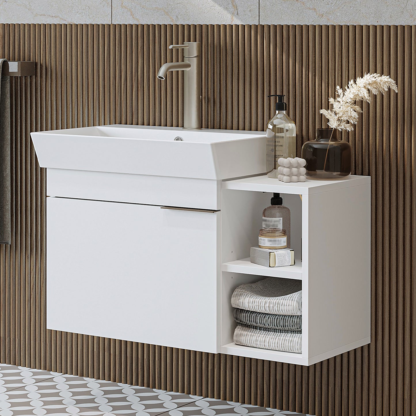 Roomart Badmöbel LYCIA 82 cm – Waschbeckenunterschrank mit Keramik-Waschbecken – Waschtischunterschrank für Badezimmer – Modernes Badmöbel mit Stauraum – 4 Farben