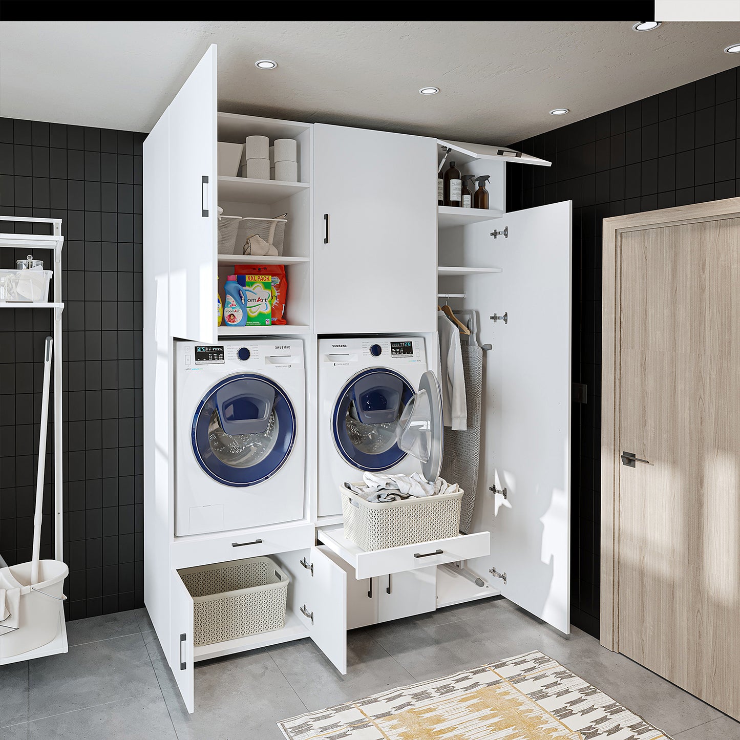 Roomart armario sobremesa para lavadero y cuarto de servicio, en 3 colores, con cajones y estante extraíble, 179 cm de ancho - armario para lavadora, estante para lavadora, torre de lavado, armario, blanco, lavadoras, armario bajo, lavadora, secadora, hogar