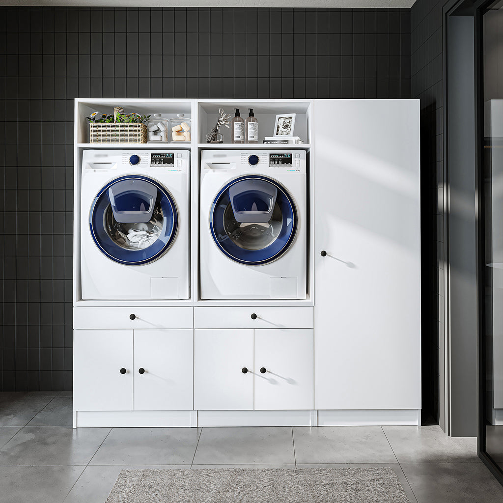 Roomart Waschmaschinenschrank SERIE 3 – 194 cm breit, 2× Waschmaschine nebeneinander mit Ausziehbrett & Hochschrank – Waschküche & Hauswirtschaftsraum – Eiche / Schwarz-Eiche / Weiß