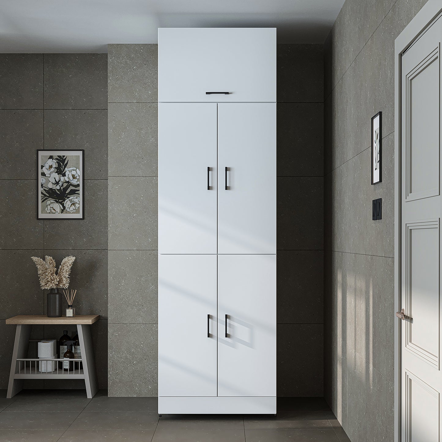 Roomart Waschmaschinenschrank „DORA“ für Waschmaschine & Trockner mit Regalböden, in 5 Farben • Weiß • Weiß Eiche • Anthrazit Eiche • Eiche • Schwarz-Eiche