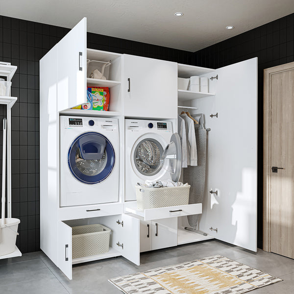 Roomart Waschmaschinenschrank / Überbauschrank - SERIE 3 – 194 cm breit – für Waschküche & Hauswirtschaftsraum – mit Schubladen & Ausziehbrett – in 3 Farben