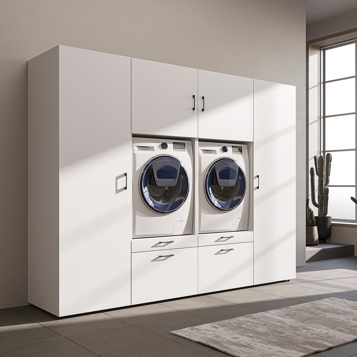 Roomart Waschmaschinenschrank SERIE-III Schrankwand 254 cm – 2 Geräte, Soft-Close | 3 Farben