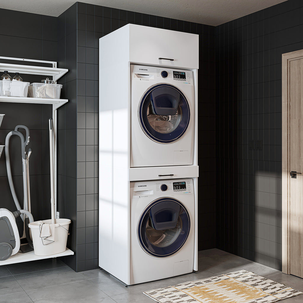 Roomart Waschmaschinenschrank für Trockner & Waschmaschine, in 3 Farben, mit Ausziehbrett • Weiß • Eiche • Schwarz Eiche - waschmaschinenuntergestelle, dämpfer waschmaschine, waschmaschinen aufsatz für trockner, unterschrank waschmaschine, kühlschrank erh