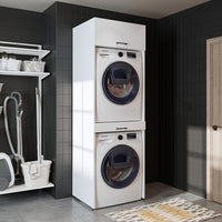 Roomart Waschmaschinenschrank für Trockner & Waschmaschine, in 3 Farben, mit Ausziehbrett • Weiß • Eiche • Schwarz Eiche - waschmaschinenuntergestelle, dämpfer waschmaschine, waschmaschinen aufsatz für trockner, unterschrank waschmaschine, kühlschrank erh