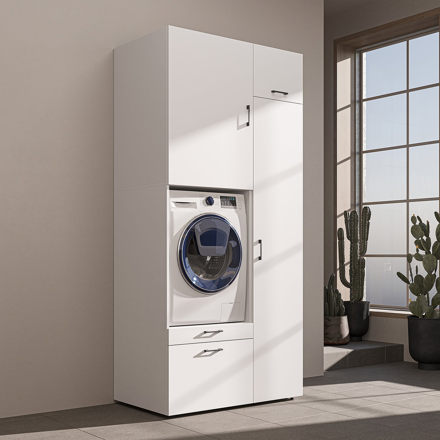 Roomart Waschmaschinenschrank mit Ausziehbrett, 112 cm breit - SERIE 2  – Waschmaschinenüberbau für Waschmaschine & Trockner, Waschturm-Schrank mit Stauraum für Bad & Waschküche