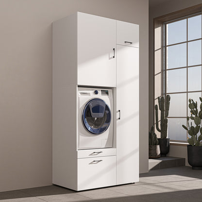 Roomart Waschmaschinenschrank mit Ausziehbrett, 112 cm breit - SERIE 2  – Waschmaschinenüberbau für Waschmaschine & Trockner, Waschturm-Schrank mit Stauraum für Bad & Waschküche