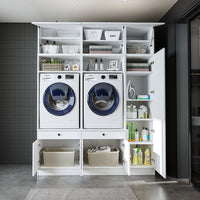 Mueble de pared Roomart para lavadero y cuarto de servicio, en 3 colores, 179 cm de ancho, Con estante extraíble - Blanco - Roble negro mueble para lavadora, estante para lavadora, torre de lavado, mueble, blanco, lavadoras, mueble bajo, lavadora, secadora, haush