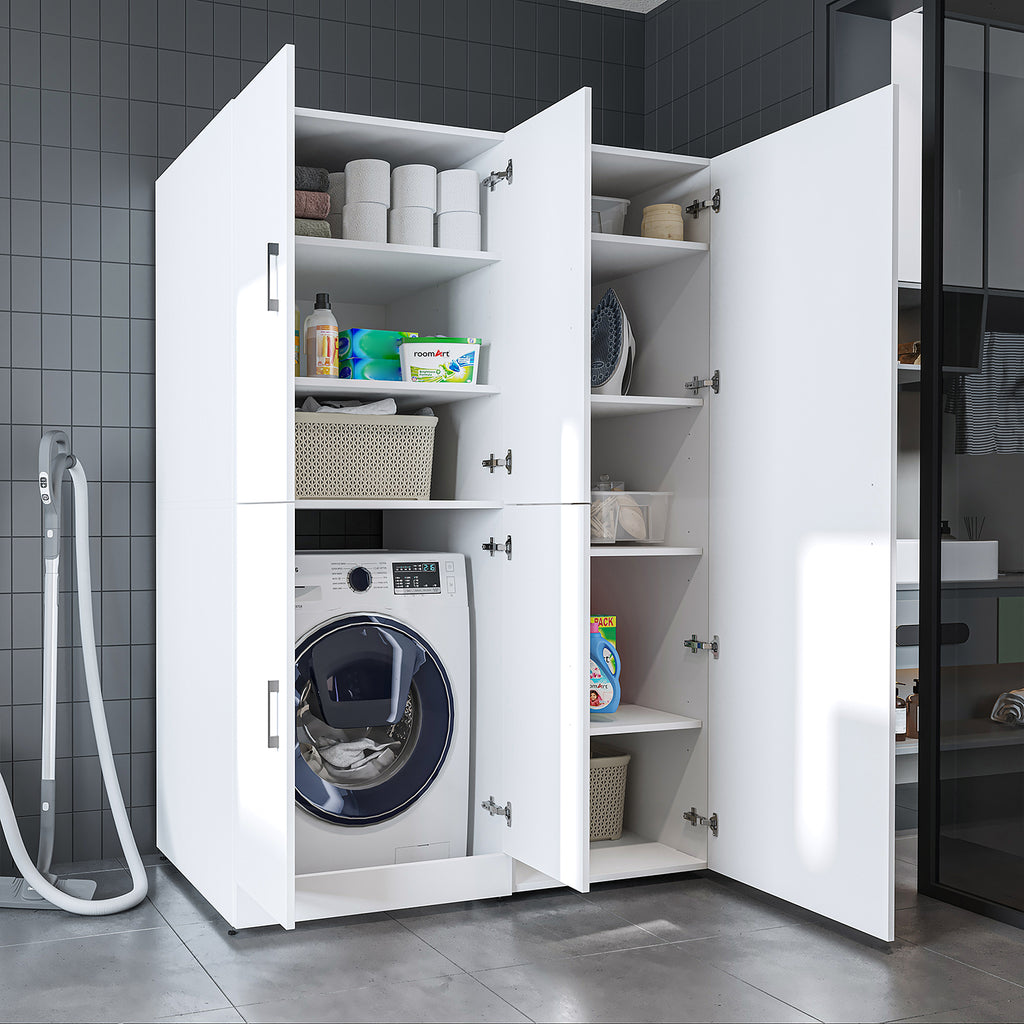 Roomart Waschmaschinenschrank „DORA 130 cm Breit“ für Waschmaschine & Trockner mit Regalböden, in 5 Farben • Weiß • Weiß Eiche • Anthrazit Eiche • Eiche • Schwarz Eiche (Kopie)