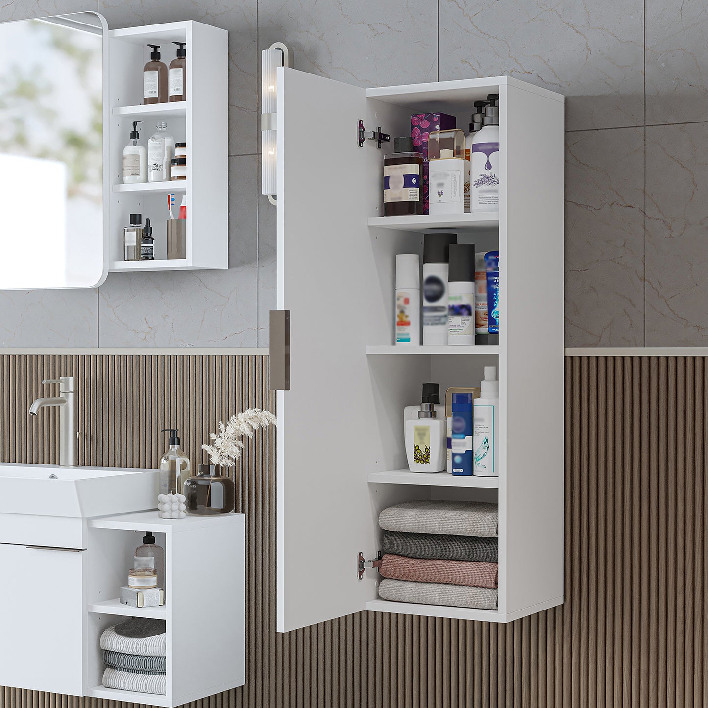 Roomart Badmöbel Set LYCIA 120 cm – 4-teiliges Badezimmermöbel-Set mit Keramik-Waschbecken, Spiegelschrank & Seitenschrank – Badmöbel in 4 Farben