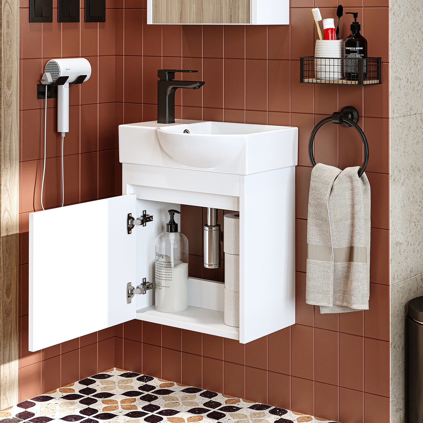 Roomart Waschtischunterschrank LEO mit Keramik-Waschbecken – Gäste-WC Badmöbel – Wasserhahn links