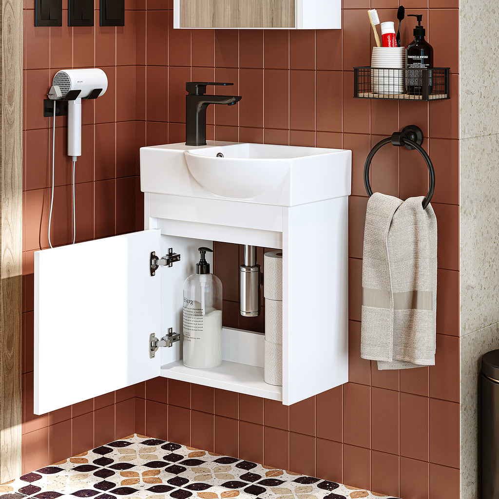 Roomart Waschtischunterschrank LEO mit Keramik-Waschbecken – Gäste-WC Badmöbel – Wasserhahn links