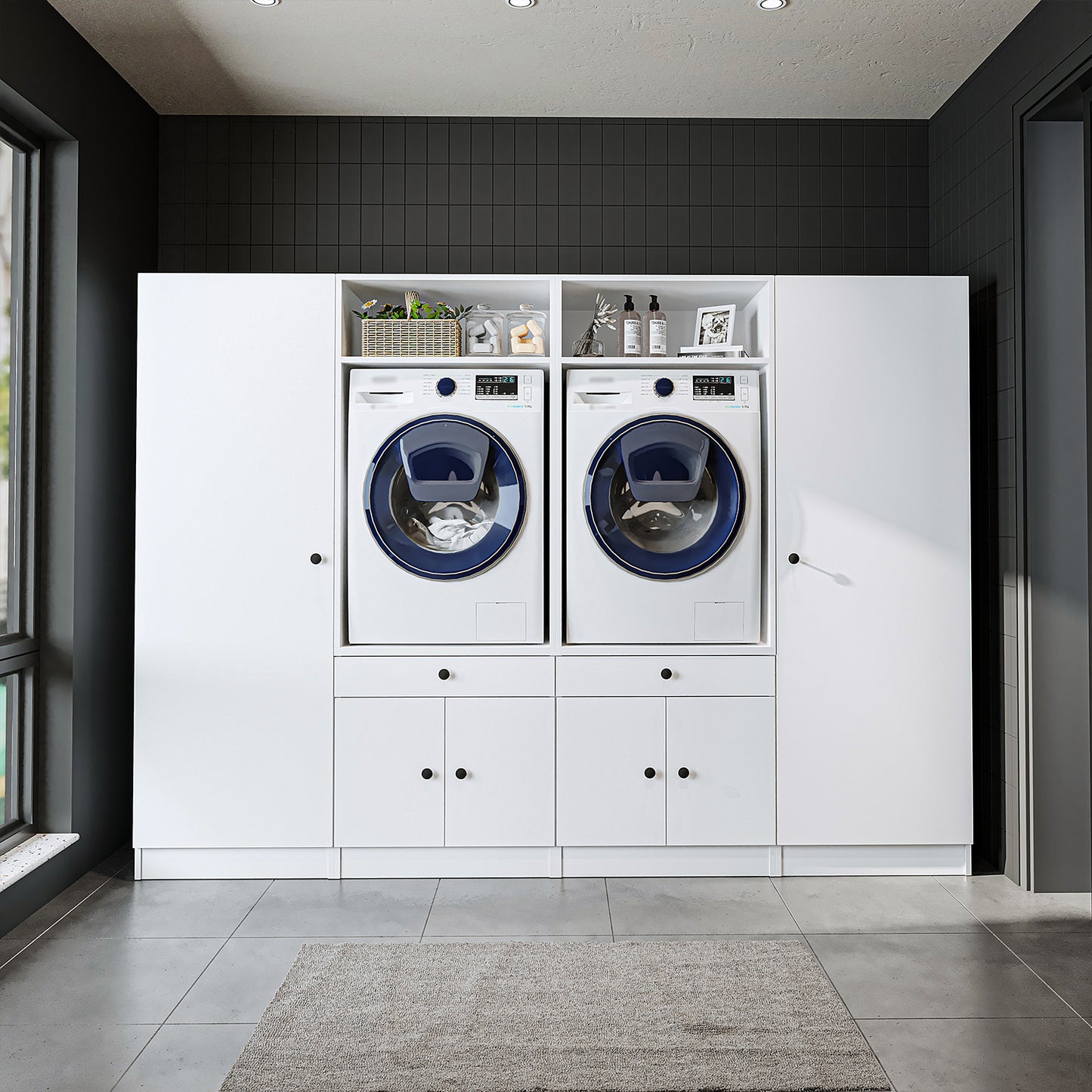 Roomart Waschmaschinenschrank SERIE 3 – 194 cm breit, 2× Waschmaschine nebeneinander mit Ausziehbrett & Hochschrank – Waschküche & Hauswirtschaftsraum – Eiche / Schwarz-Eiche / Weiß