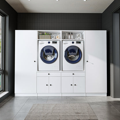 Roomart Waschmaschinenschrank SERIE 3 – 194 cm breit, 2× Waschmaschine nebeneinander mit Ausziehbrett & Hochschrank – Waschküche & Hauswirtschaftsraum – Eiche / Schwarz-Eiche / Weiß