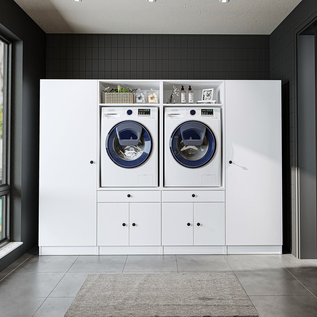 Roomart Waschmaschinenschrank SERIE 3 – 194 cm breit, 2× Waschmaschine nebeneinander mit Ausziehbrett & Hochschrank – Waschküche & Hauswirtschaftsraum – Eiche / Schwarz-Eiche / Weiß