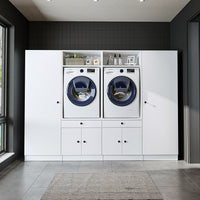 Roomart Waschmaschinenschrank SERIE 3 – 194 cm breit, 2× Waschmaschine nebeneinander mit Ausziehbrett & Hochschrank – Waschküche & Hauswirtschaftsraum – Eiche / Schwarz-Eiche / Weiß
