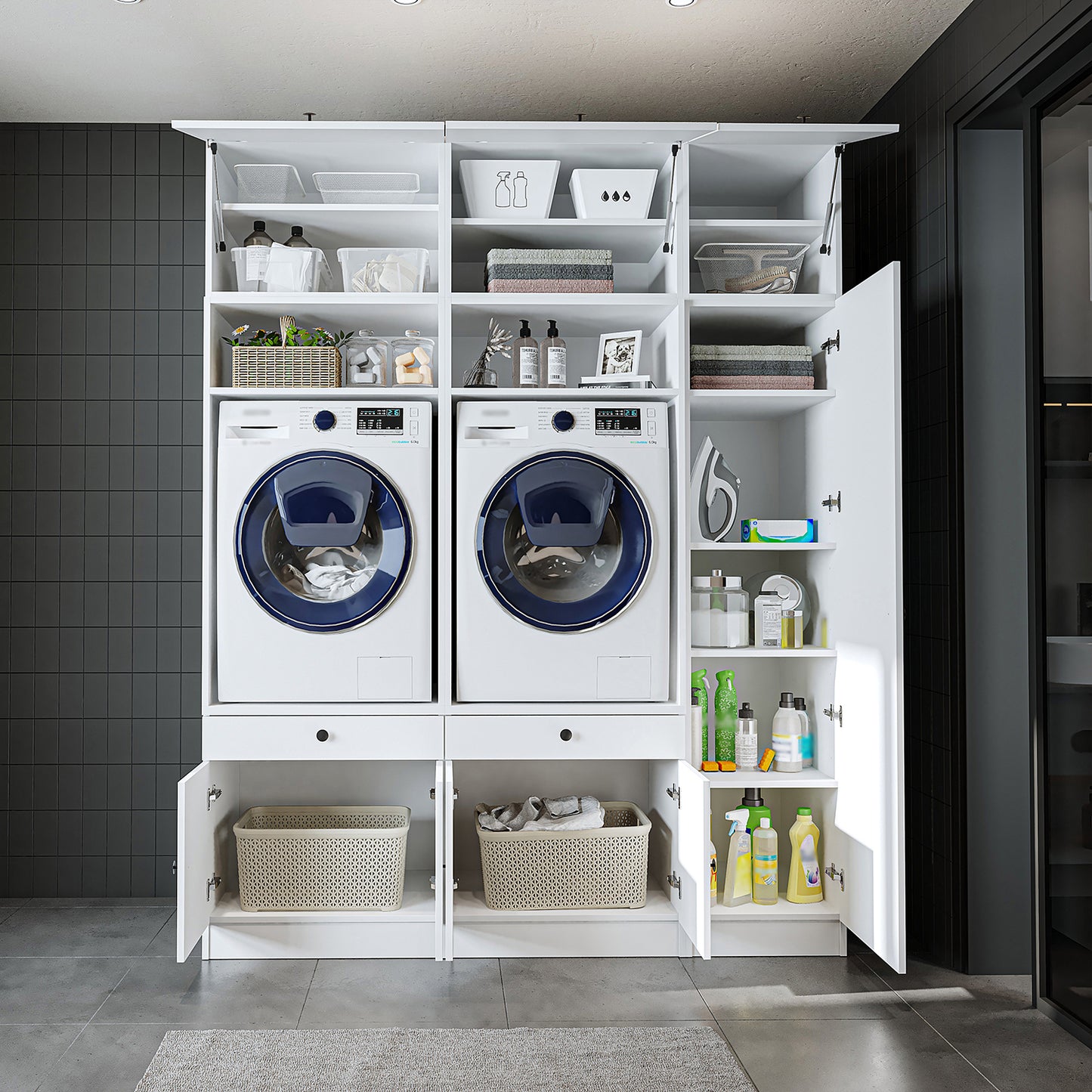 Roomart Waschmaschinenschrank SERIE 3 – 179 cm breit, 2× Waschmaschine nebeneinander mit Klappschrank, Ausziehbrett & Hochschrank – Waschküche & Hauswirtschaftsraum – Eiche / Schwarz-Eiche / Weiß