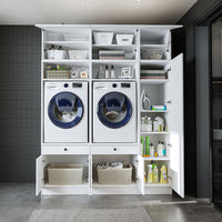 Roomart Waschmaschinenschrank SERIE 3 – 179 cm breit, 2× Waschmaschine nebeneinander mit Klappschrank, Ausziehbrett & Hochschrank – Waschküche & Hauswirtschaftsraum – Eiche / Schwarz-Eiche / Weiß